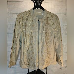 Chico's Elegant Gold and Cream Lace Open Front Jacket SZ 3